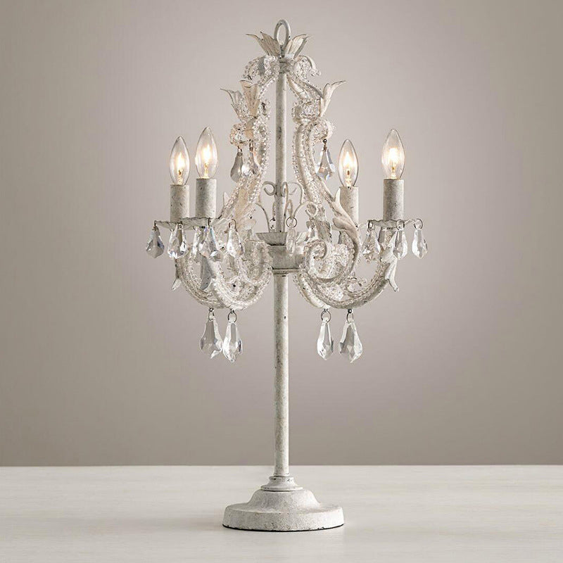 Distressed White Hardware Candelabra 4-Light Table Lamp