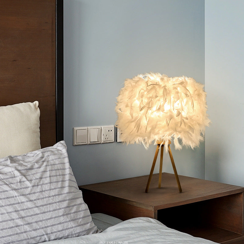 Feather Wood Cylinder Triangle Table Lamp