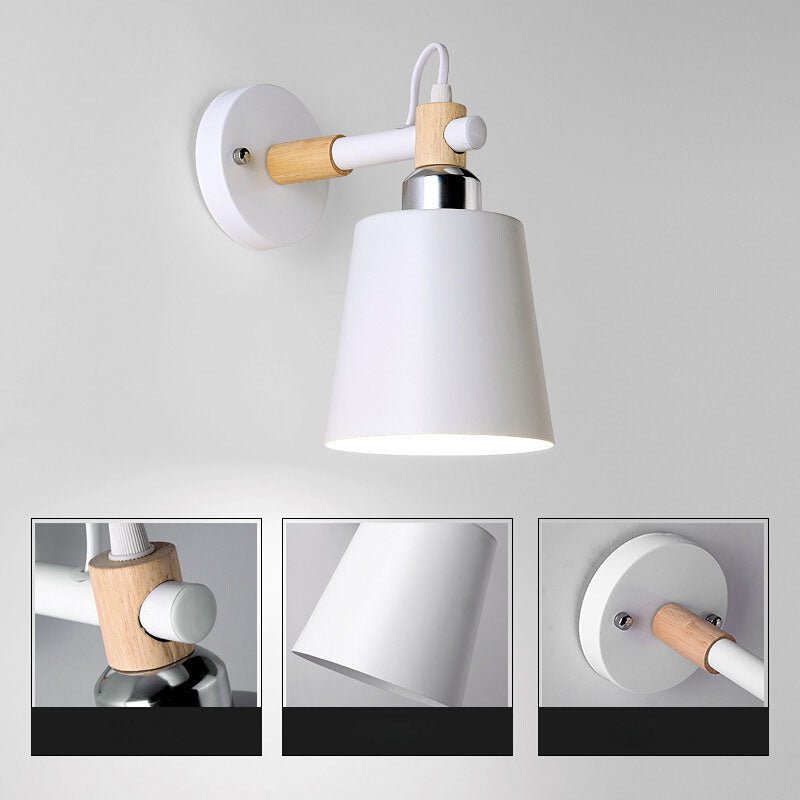 Cylindrical Wooden Iron Bedroom Wall Lamp