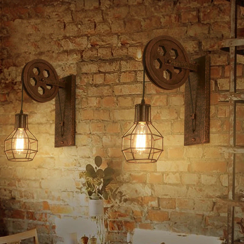 Iron Cage Pulley Liftable Wall Lamp
