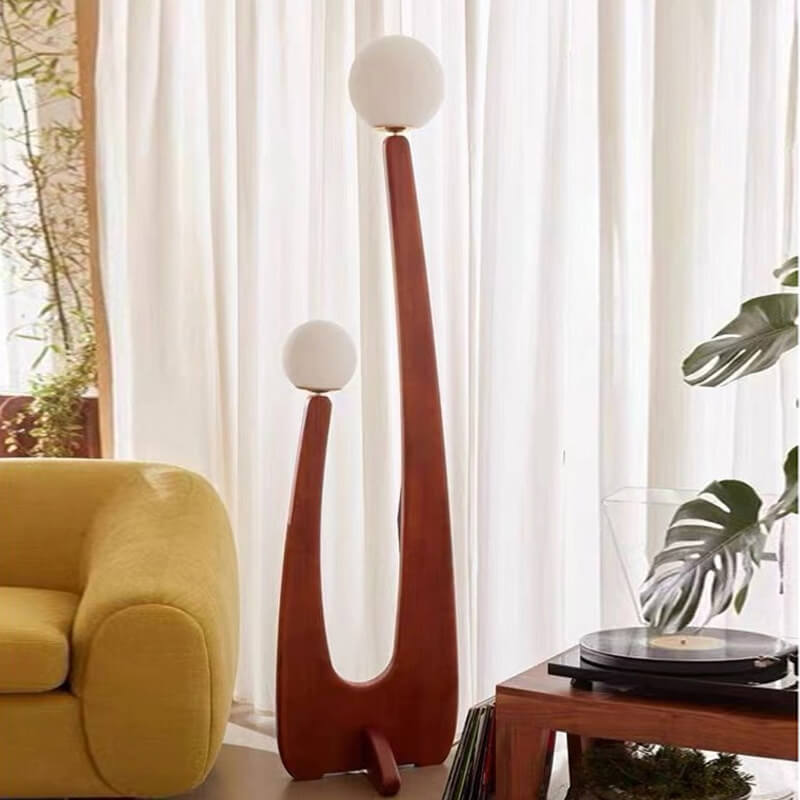 Walnut Solid Wood Glass 2-Light Floor Lamp