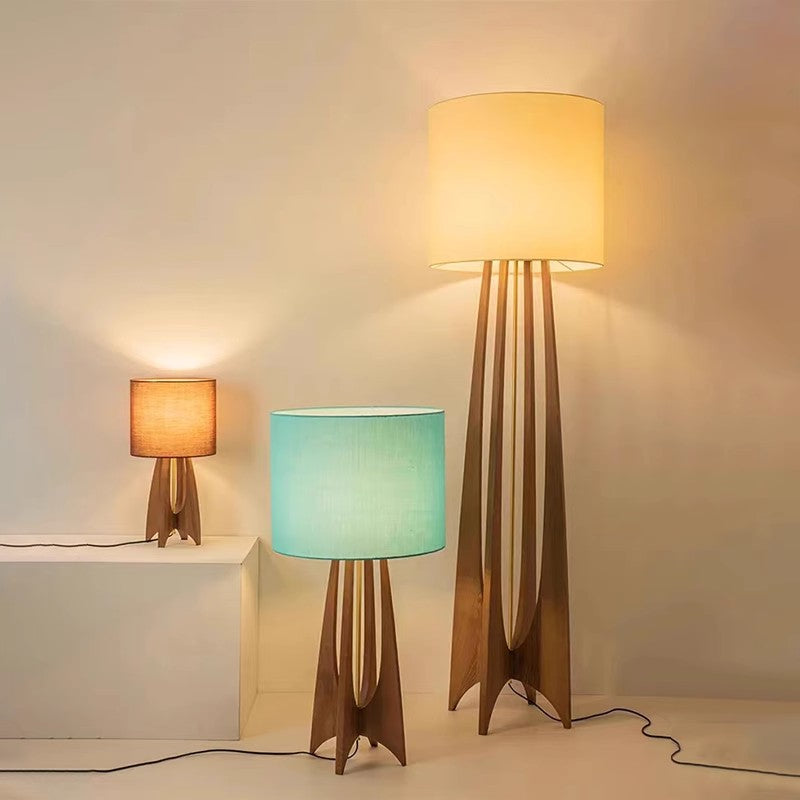 Wood Fabric Cylinder Bedroom Table Lamp