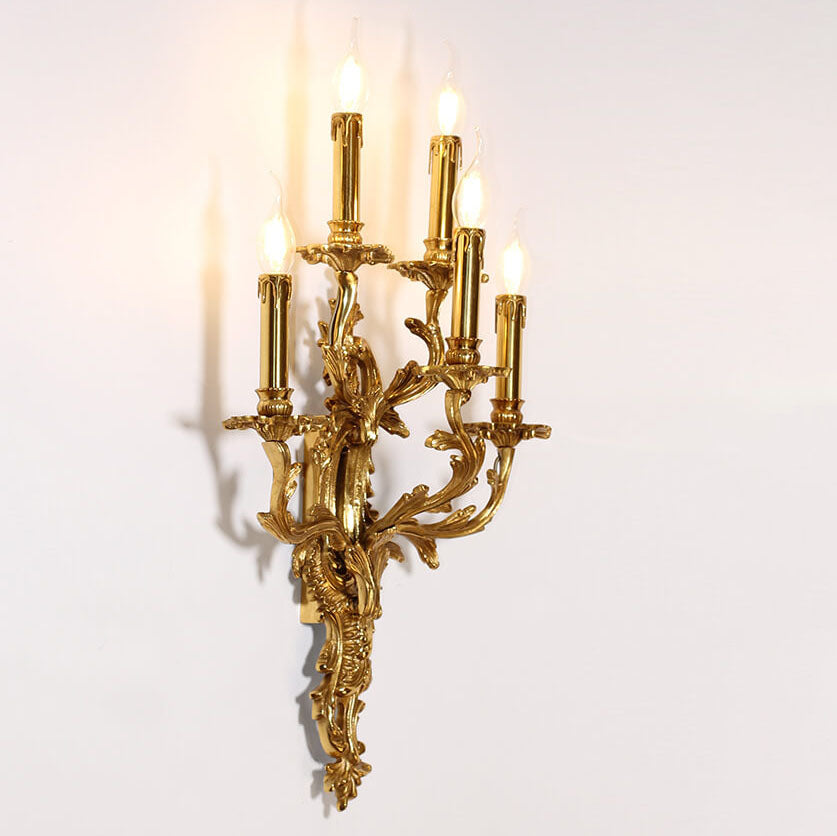 Brass Candle Carved 5-Light Wall Lamp