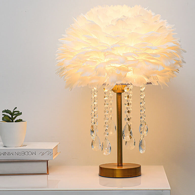 Feather Round Crystal Beads Table Lamp