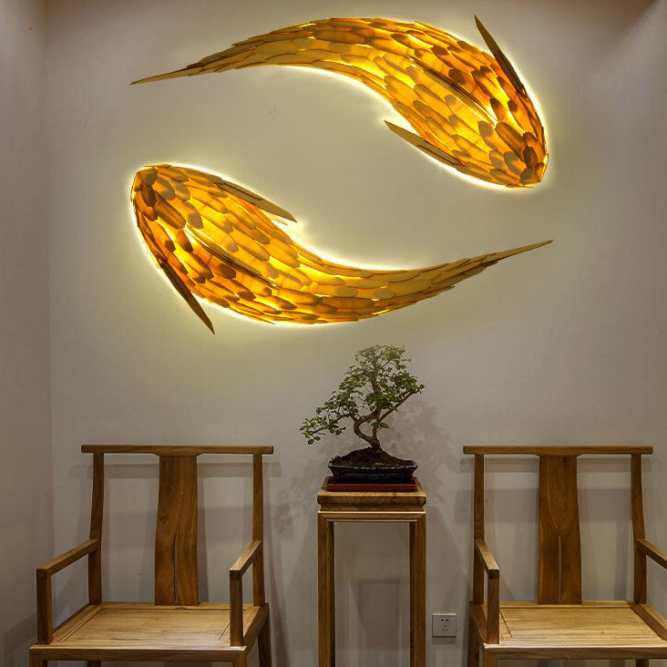 Decorative Carp Linden Wood 2-Light Wall Lamp