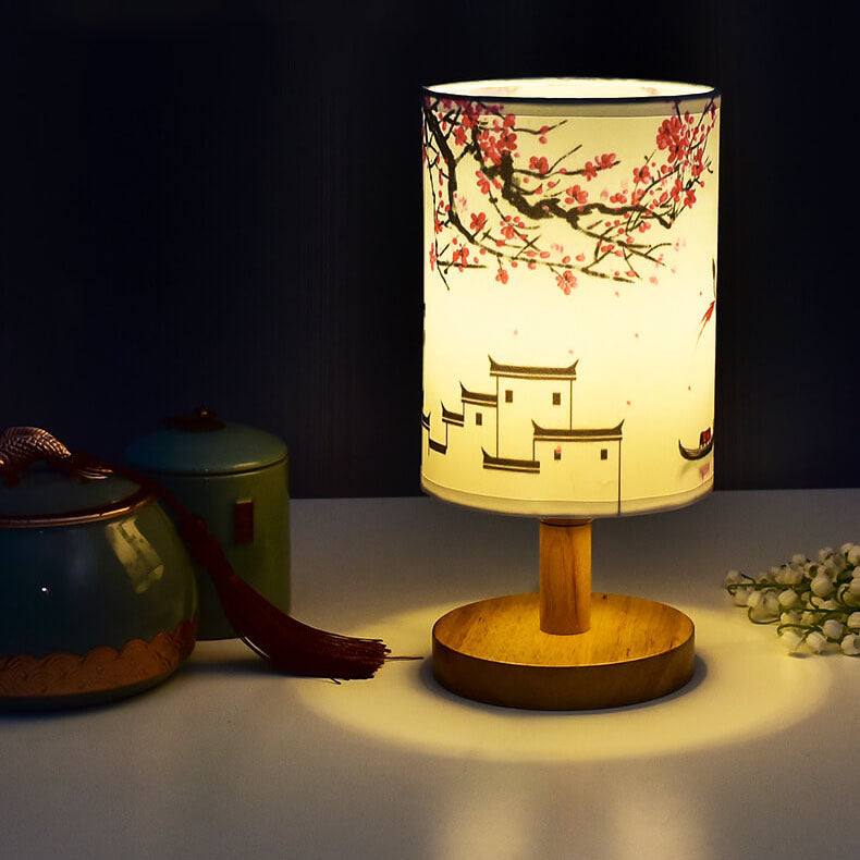 Fabric Column Landscape Wood Table Lamp