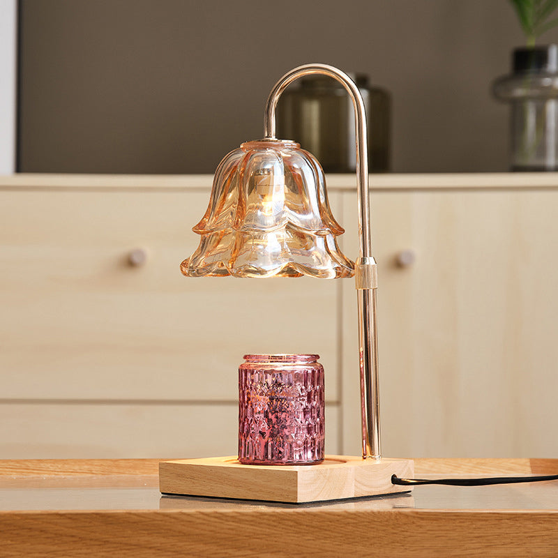 Floral Glass Metal Wood Table Lamp