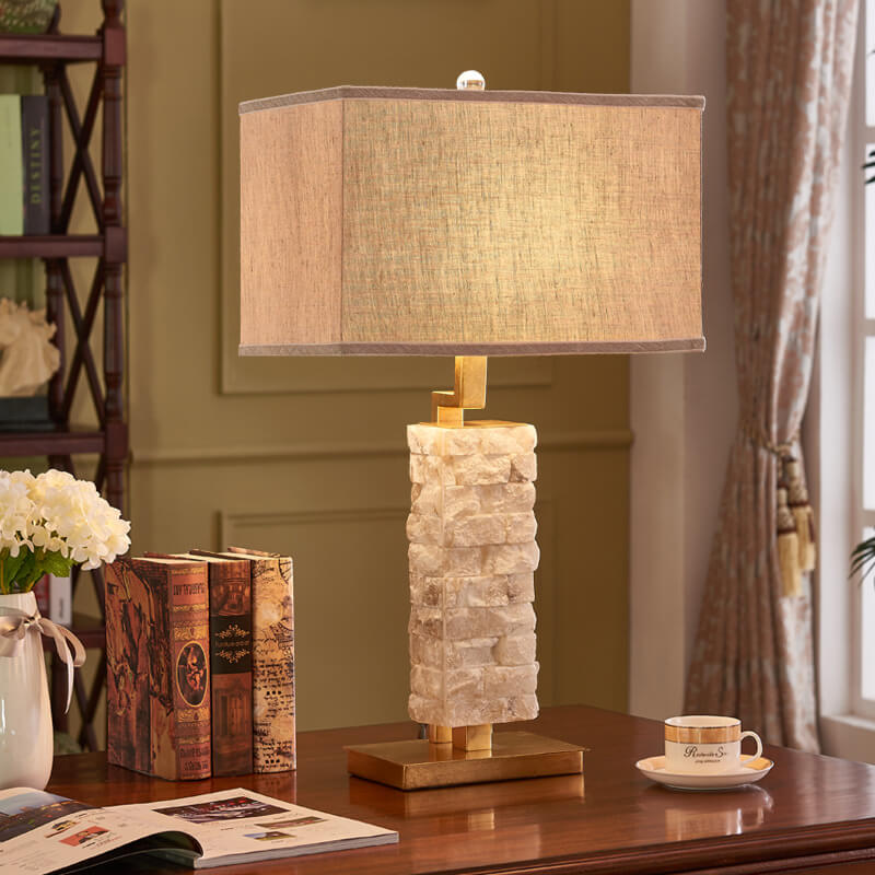 Square Fabric Marble Column Table Lamp