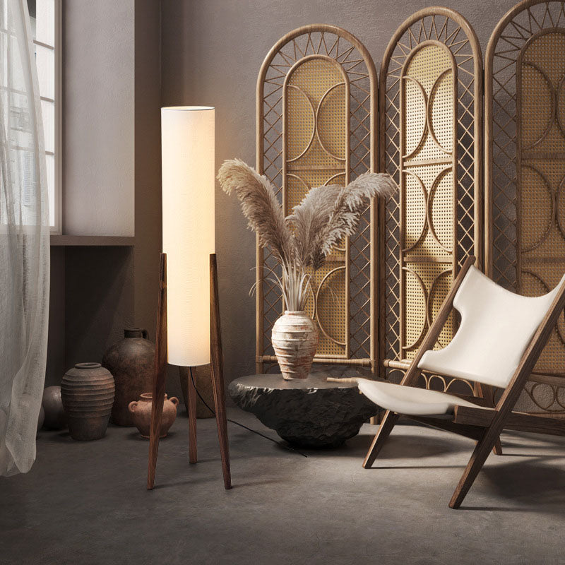 Traditional Chinese Fabric Cylinder Floor Lamp