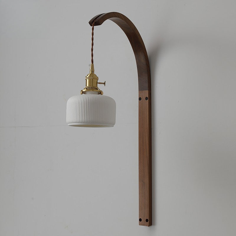 Round Ceramic Glass Wood Wall Lamp