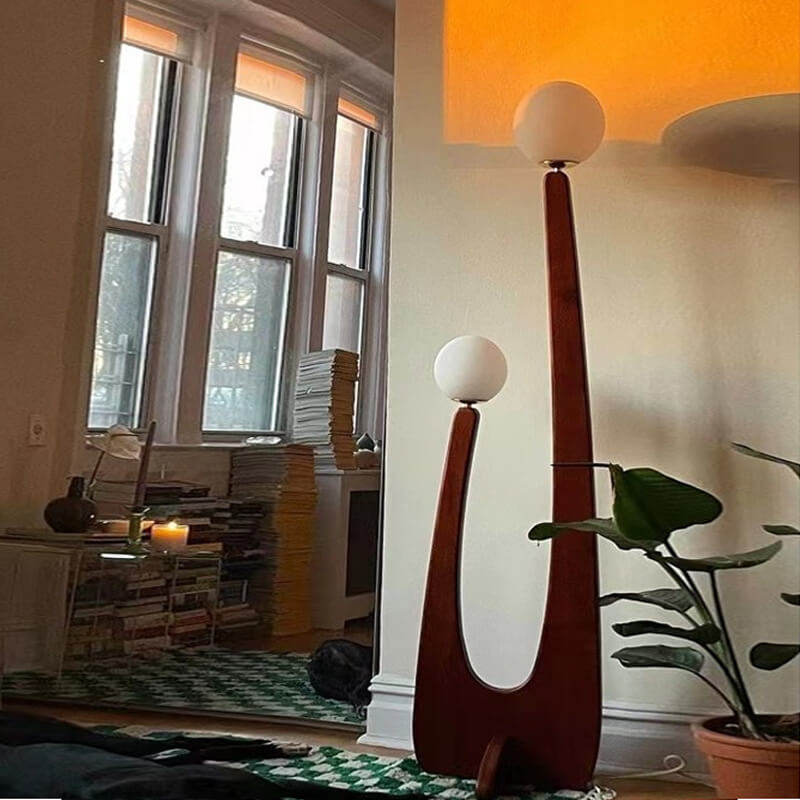 Walnut Solid Wood Glass 2-Light Floor Lamp