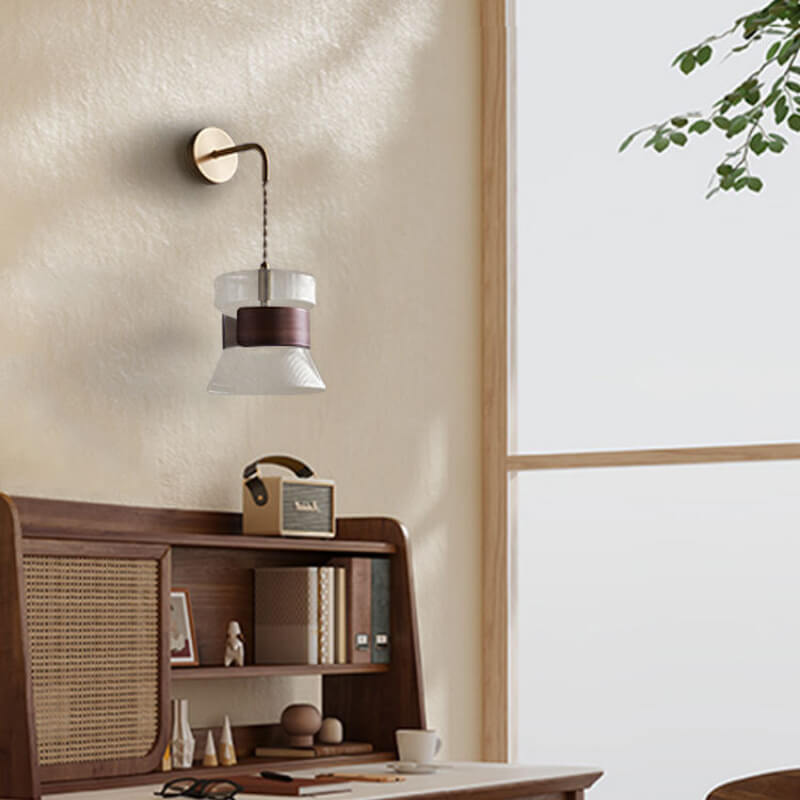 Walnut Scalloped Glass Lampshade Wall Lamp