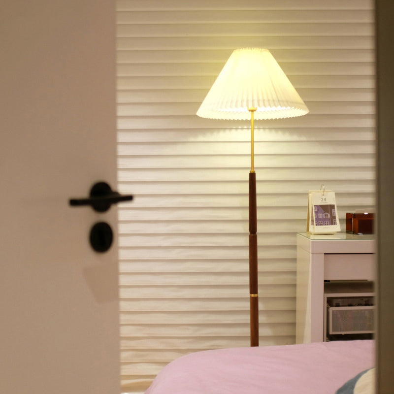 Pleated Fabric Brass Walnut Floor Lamp