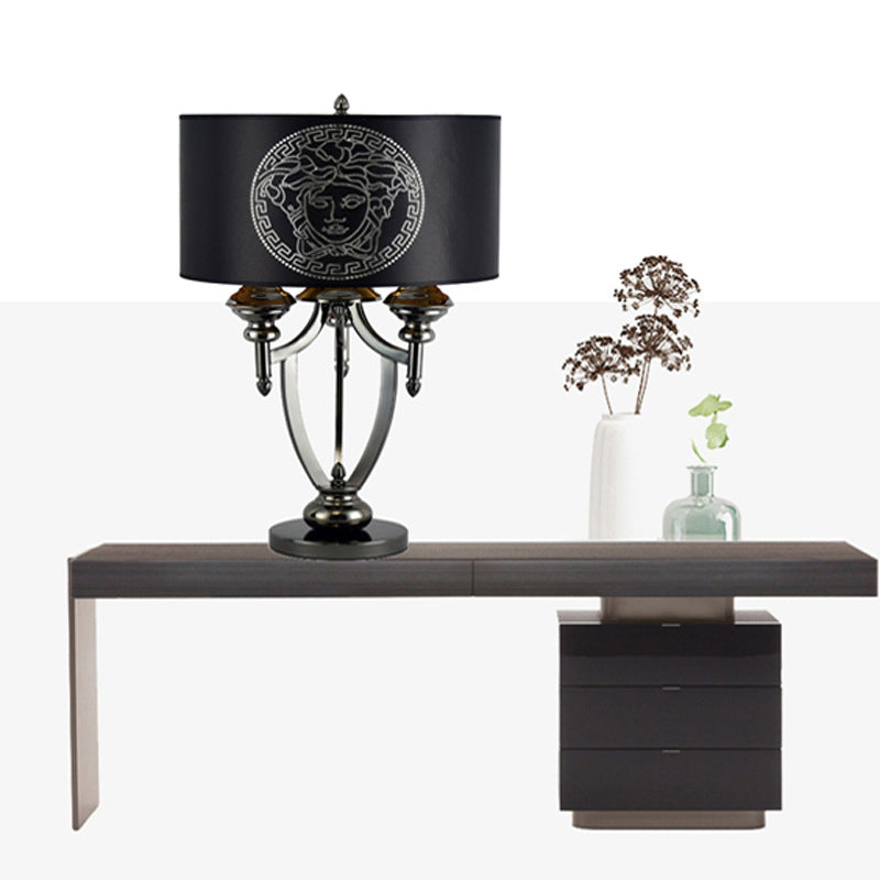Fabric Iron Marble Cylinder 3-Light Table Lamp