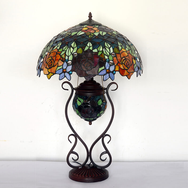 Style Rose Stained Glass 3-Light Table Lamp