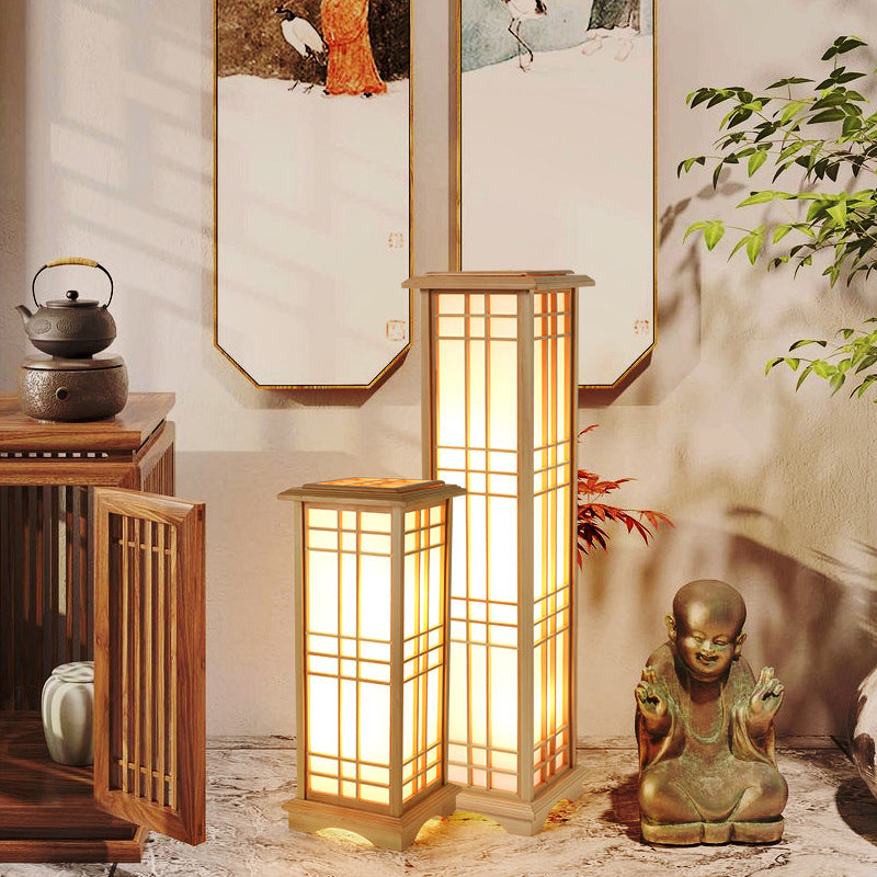 Traditional Japanese Wood Acrylic 3-Light Floor Lamp