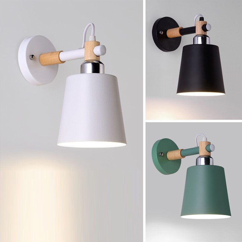Cylindrical Wooden Iron Bedroom Wall Lamp