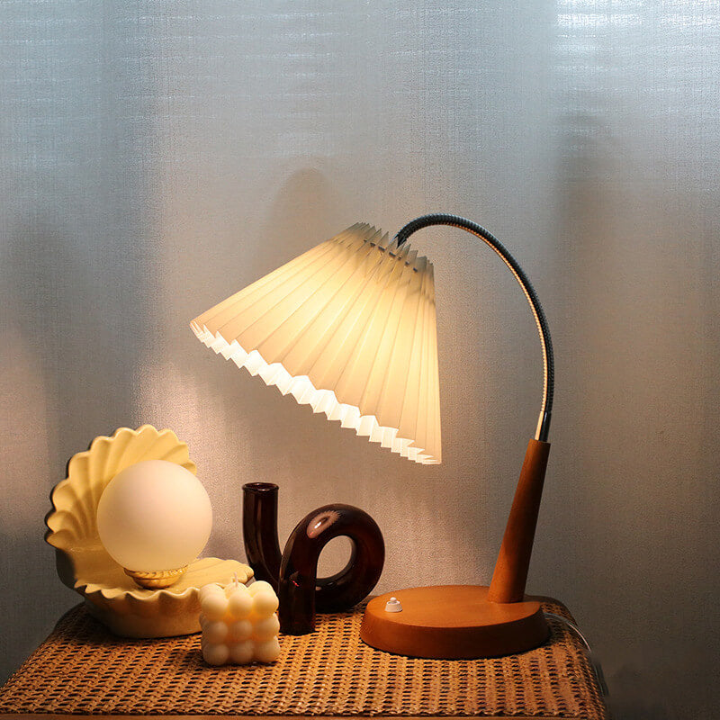 Pleated Solid Wood Curved Table Lamp