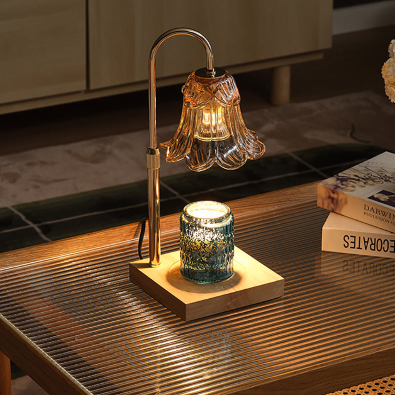 Floral Glass Metal Wood Table Lamp