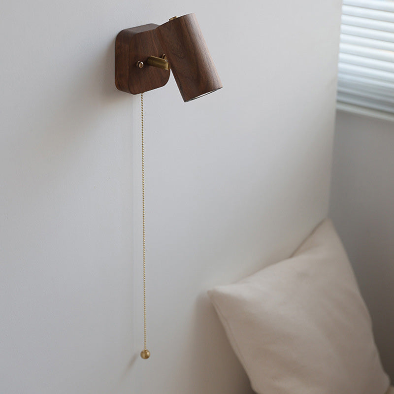 Cylinder Copper Wood Bedroom Wall Lamp