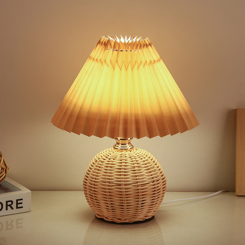 Rattan Fabric Pleated Conic Table Lamp