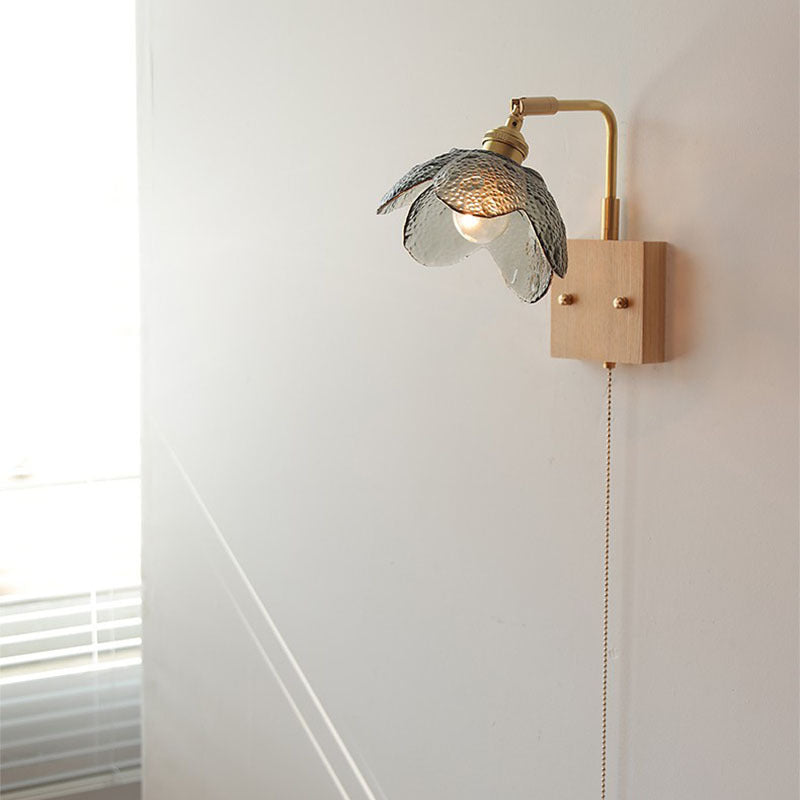 Wood Brass Glass Flower Wall Lamp