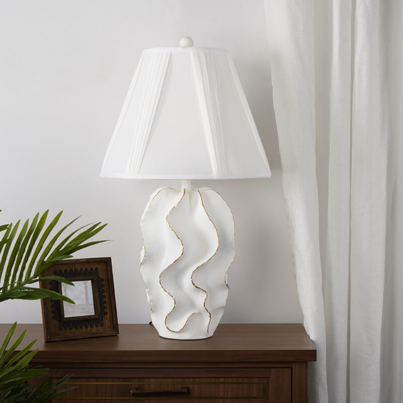 White Fabric Striped Resin Table Lamp