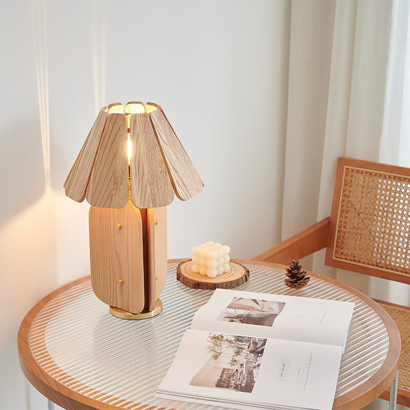 Style Umbrella-Shaped Wood Brass Table Lamp