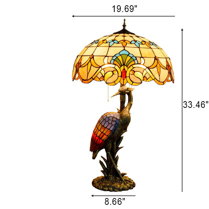 Female Crane Stained Glass 3-Light Table Lamp