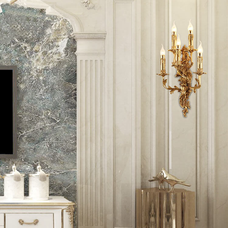 Brass Candle Carved 5-Light Wall Lamp