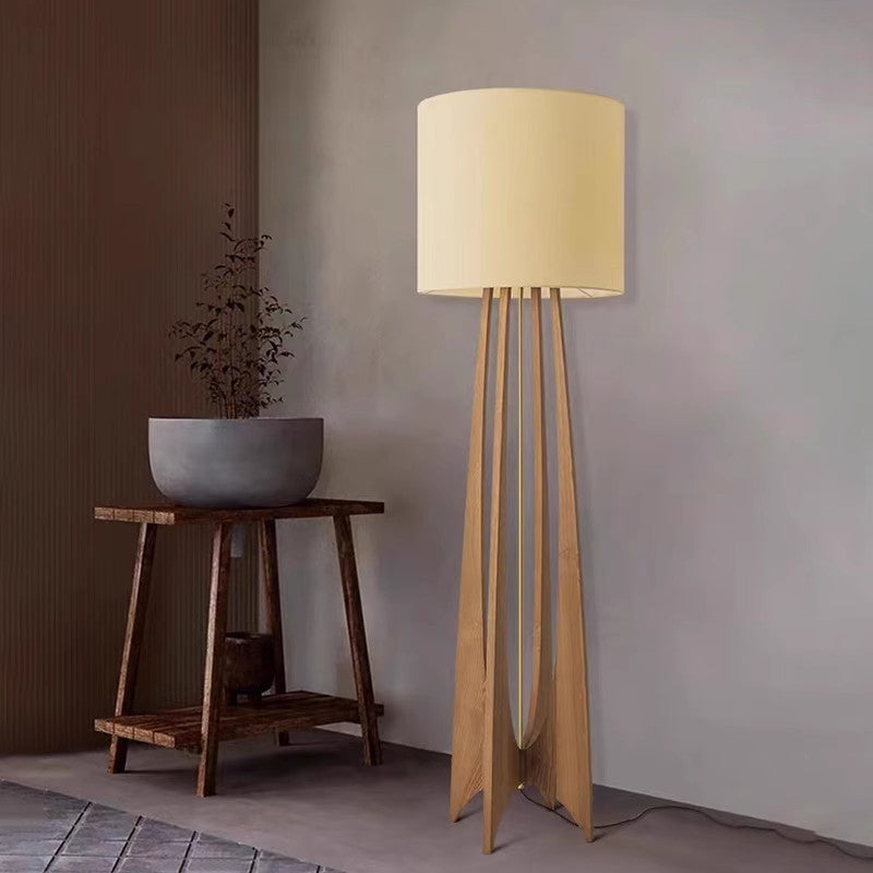 Wood Fabric Cylinder Living Floor Lamp