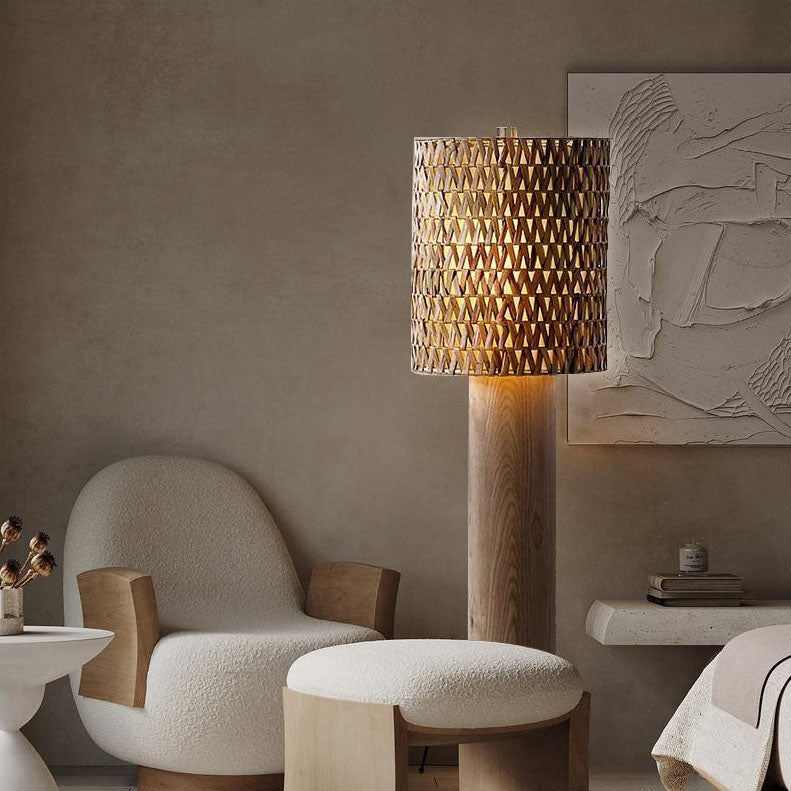 Wood Rattan Woven Long Floor Lamp