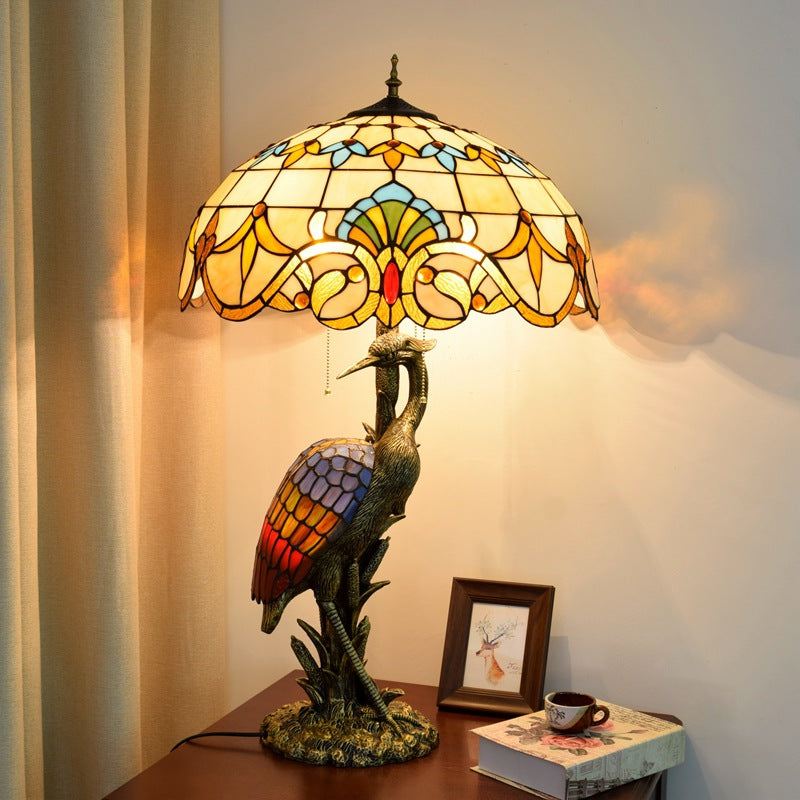 Female Crane Stained Glass 3-Light Table Lamp