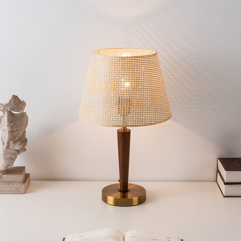 Fabric Round Wood Metal Table Lamp