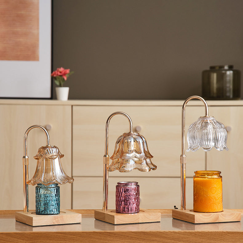 Floral Glass Metal Wood Table Lamp
