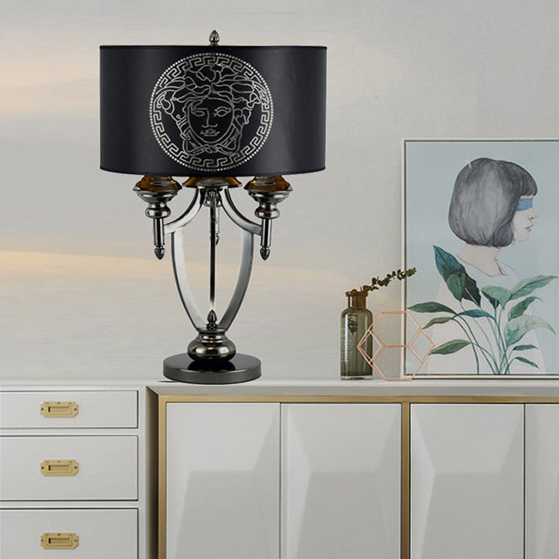 Fabric Iron Marble Cylinder 3-Light Table Lamp