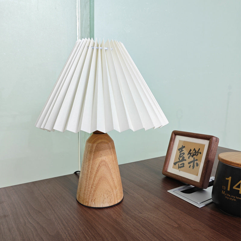 Trapezoidal Pleated Fabric Wood Table Lamp
