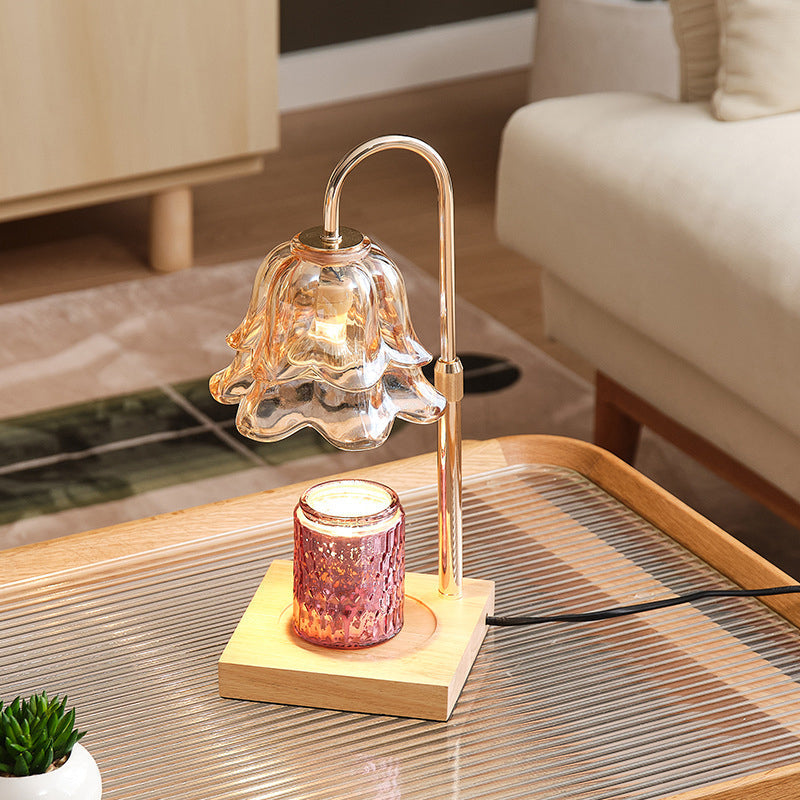 Floral Glass Metal Wood Table Lamp