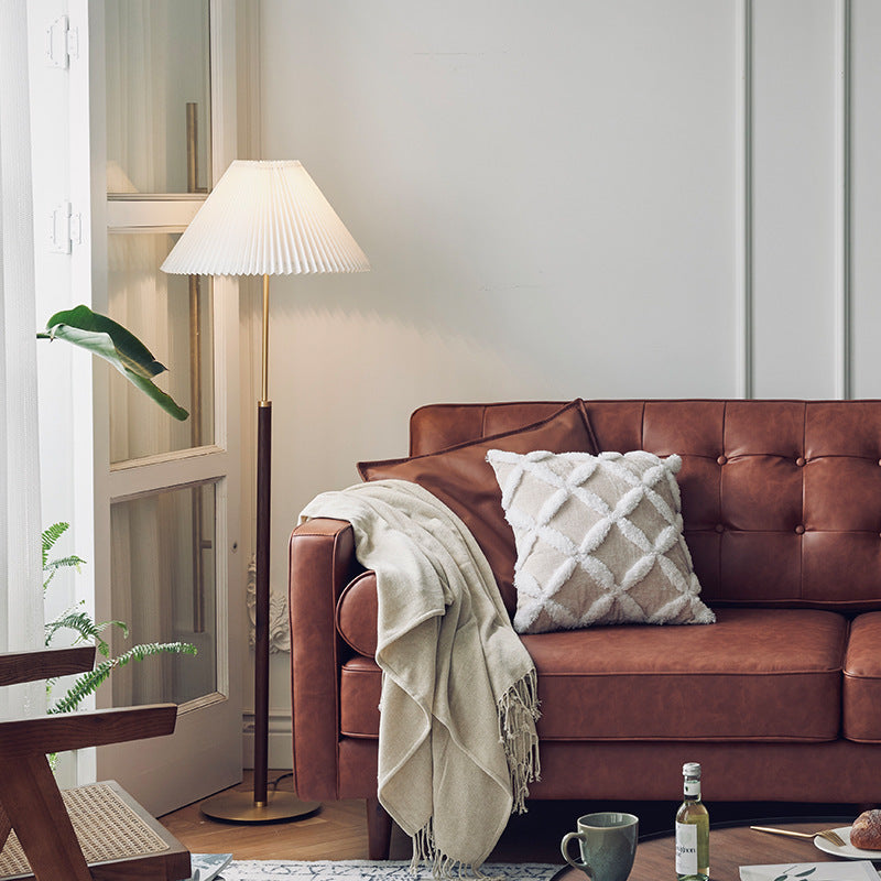 Pleated Fabric Brass Walnut Floor Lamp