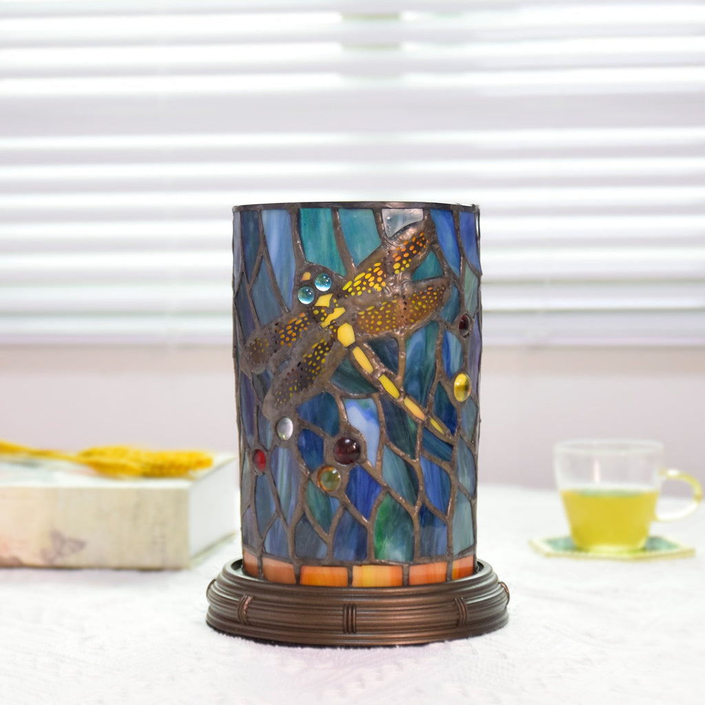 Stained Glass Dragonfly Cylinder Table Lamp
