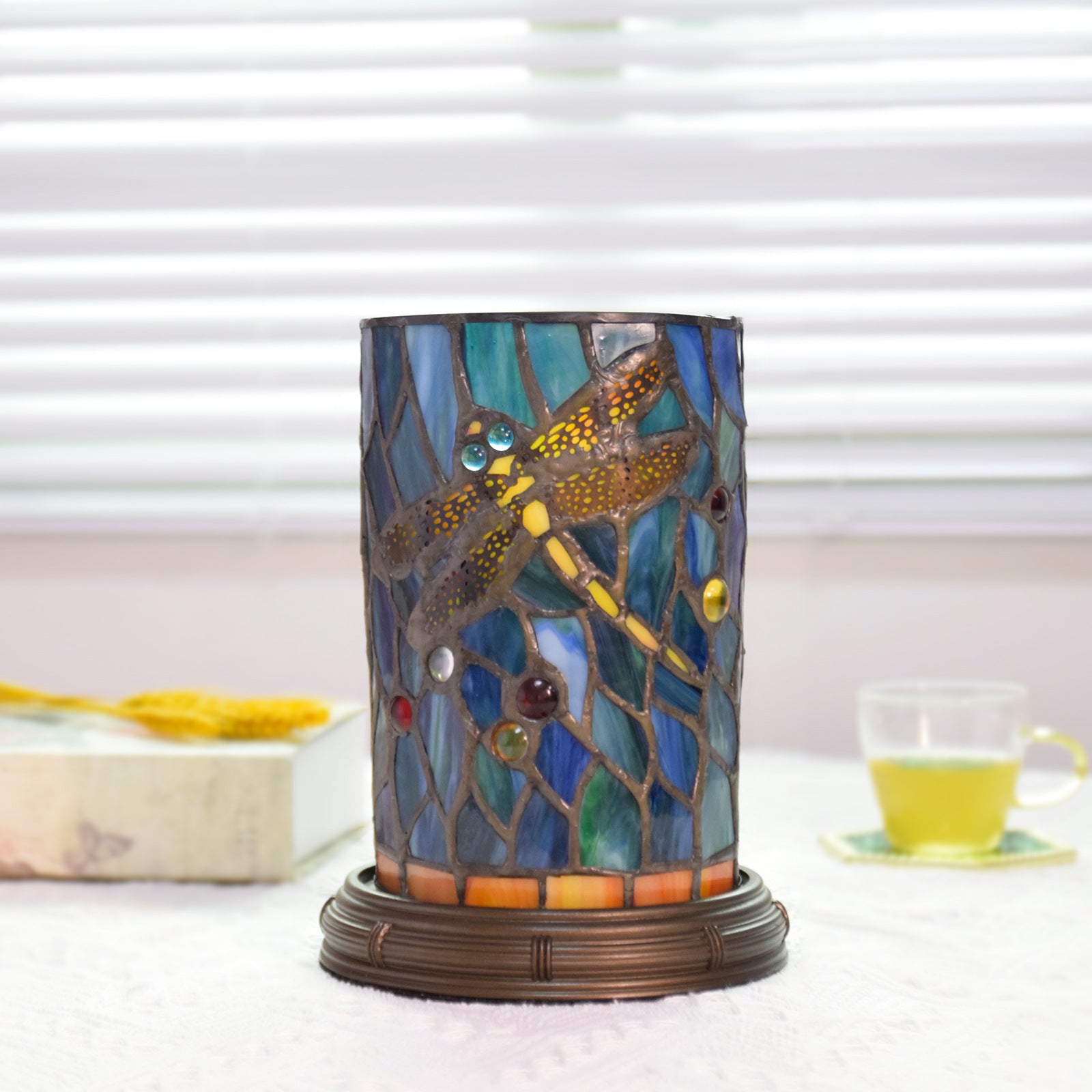 Stained Glass Dragonfly Cylinder Table Lamp