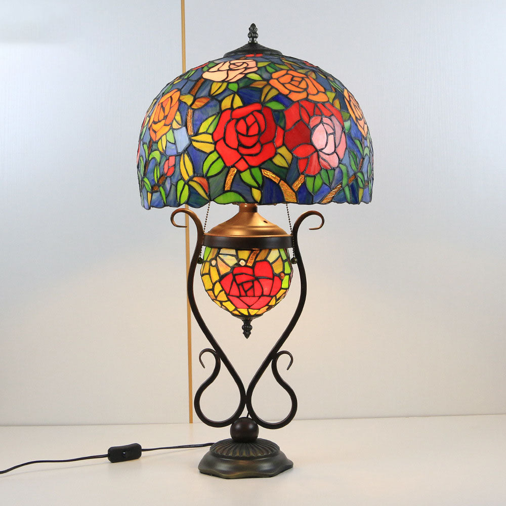 Floral Stained Glass Round 3-Light Table Lamp