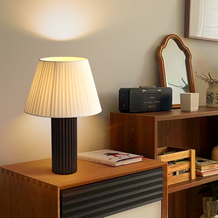 Cylinder Pleated Wood Fabric Table Lamp
