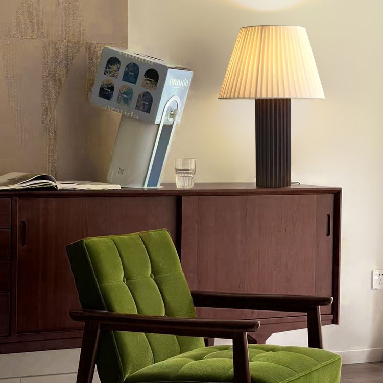 Cylinder Pleated Wood Fabric Table Lamp