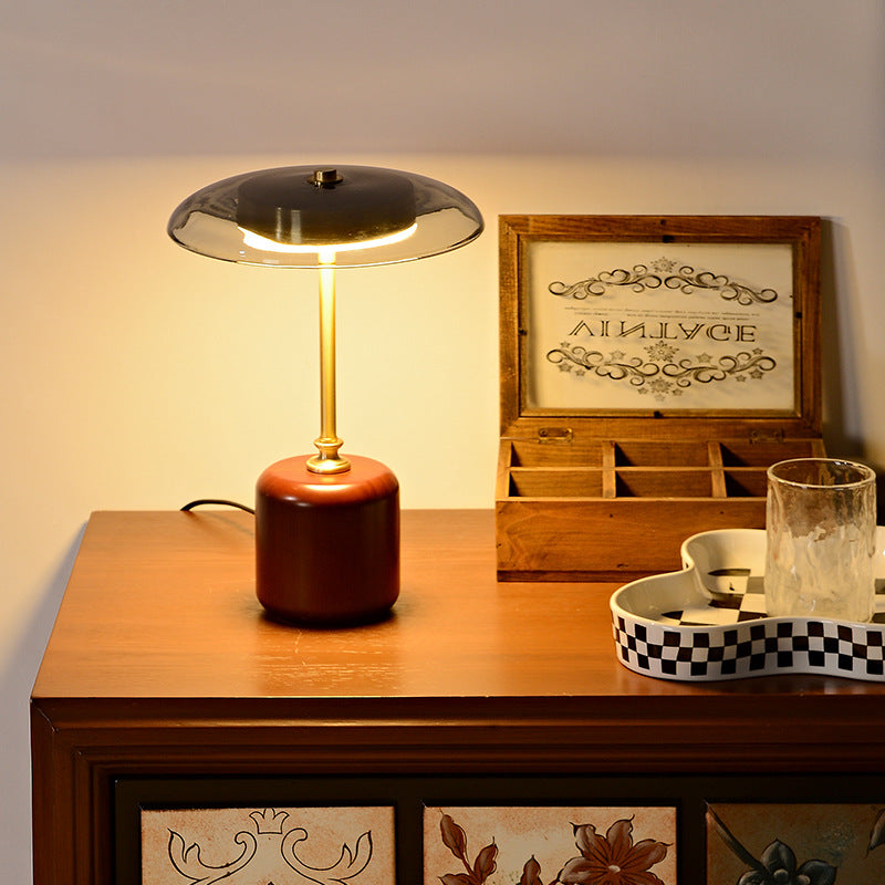 Brass Wood Glass Round Table Lamp