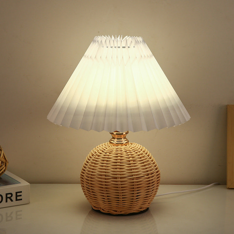 Rattan Fabric Pleated Conic Table Lamp