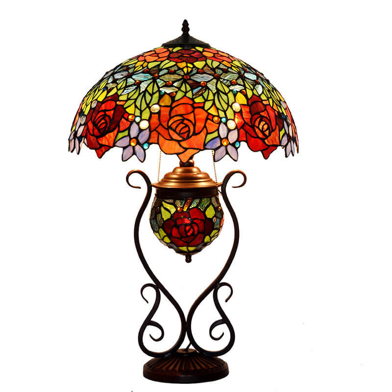 Style Rose Stained Glass 3-Light Table Lamp