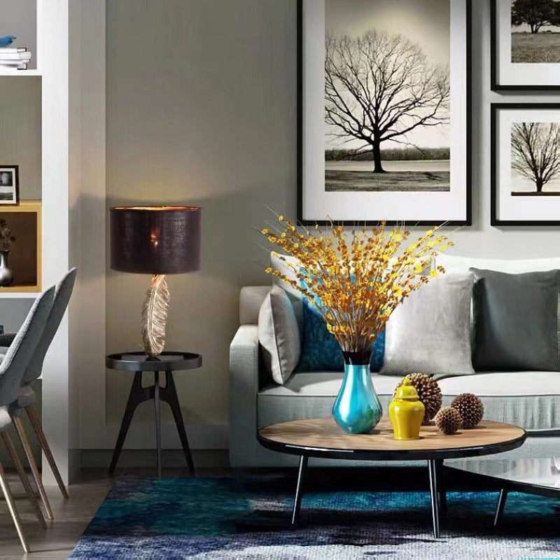 Fabric Drum Leaf Resin Table Lamp