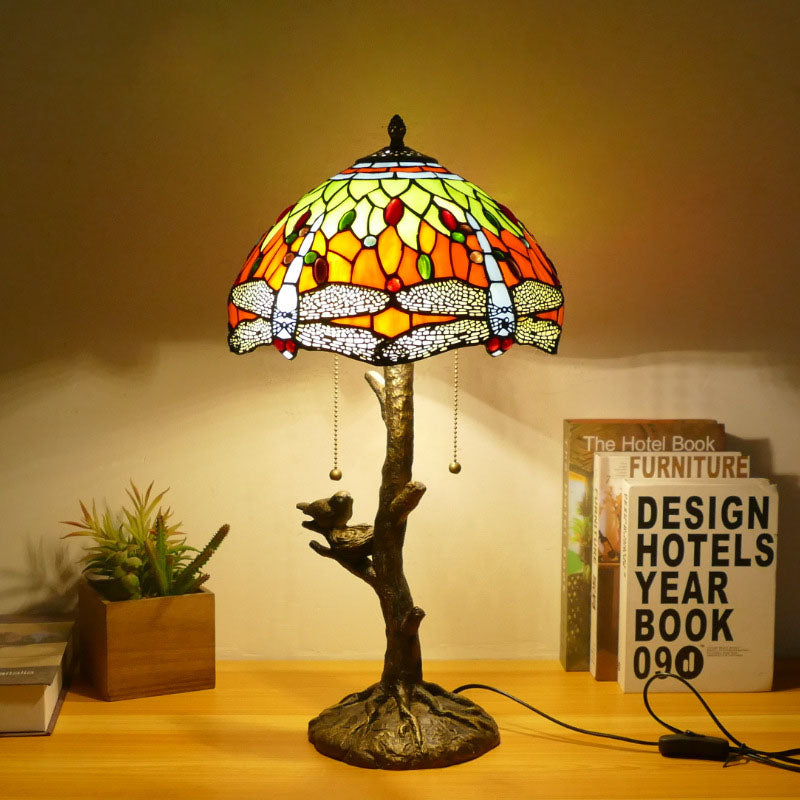 Dragonfly Flower Stained Glass 2-Light Table Lamp