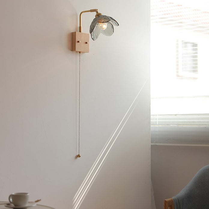 Wood Brass Glass Flower Wall Lamp